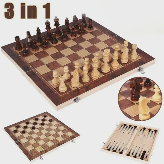 3-in-1 Houten Schaken, Dammen en Backgammon Spel - Draagbaar en Opvouwbaar