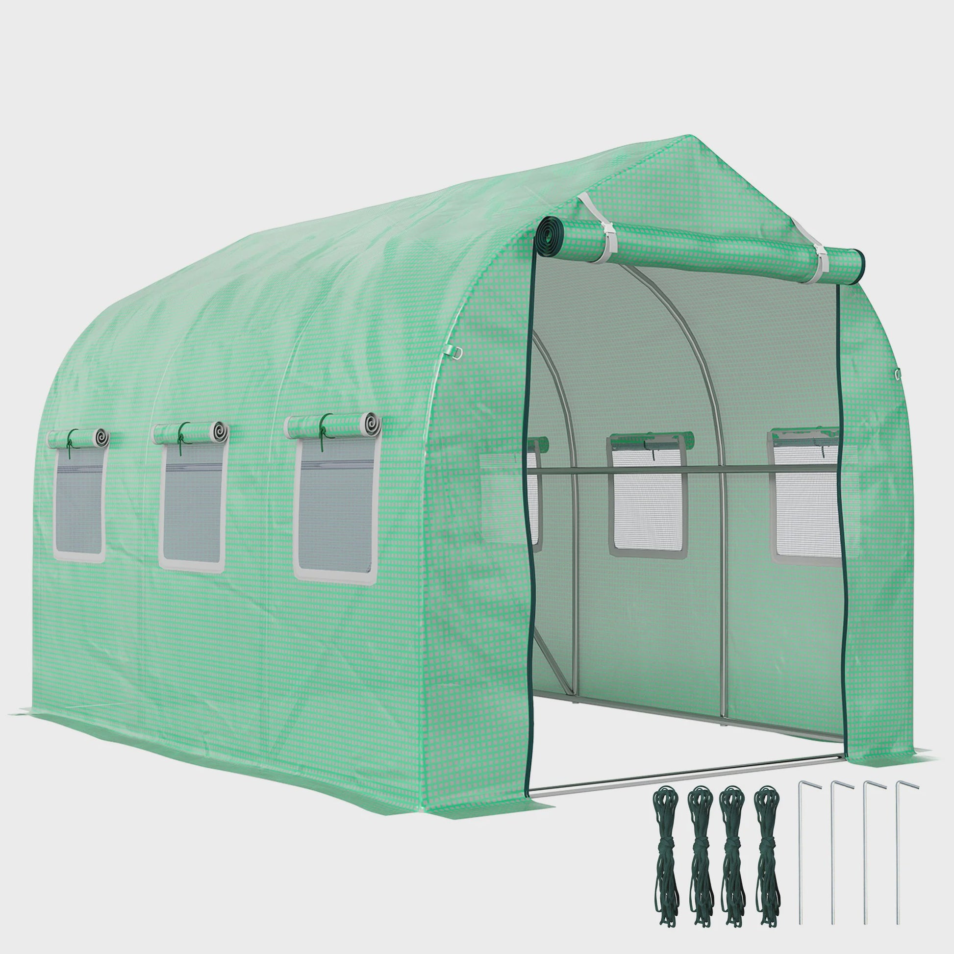 Outsunny Tunnel Kas 5,75 m² - Groen - Met Deur & 6 Rolramen - 295x195x196 cm