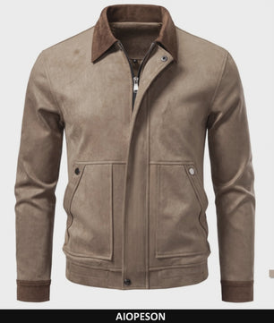 Heren Vintage Suède Look Jas - Slim Fit Lente/Herfst met Kleurblokken en Rits
