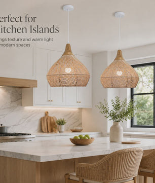 Boho Rotan Hanglamp met Houten Top - Sfeervolle Verlichting voor Woonkamer, Keuken & Eetkamer