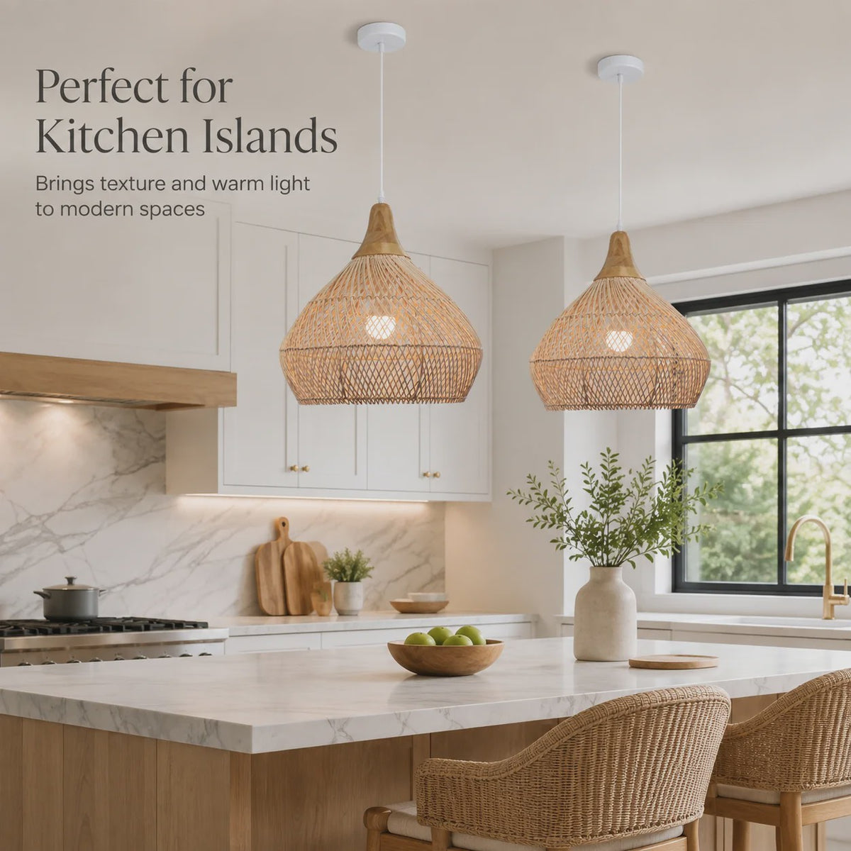 Boho Rotan Hanglamp met Houten Top - Sfeervolle Verlichting voor Woonkamer, Keuken & Eetkamer