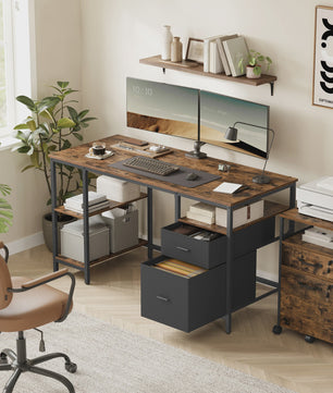 VASAGLE Bureau met 3 Planken en 2 Lades - 140x60x76 cm - Industrieel Design