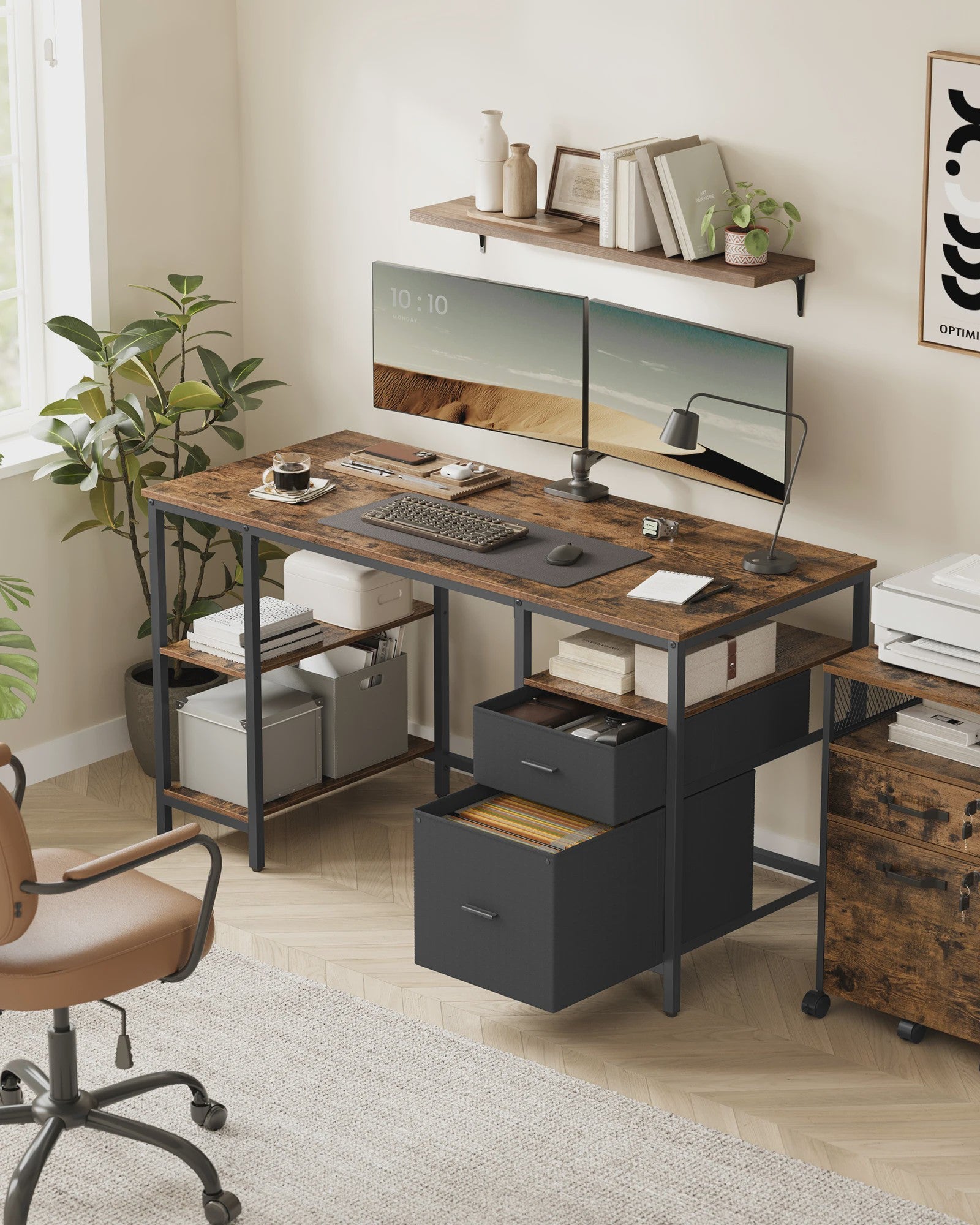 VASAGLE Bureau met 3 Planken en 2 Lades - 140x60x76 cm - Industrieel Design