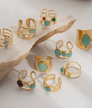 Bohemian Ringen met Natuursteen (Turquoise & Malachiet) - Goudkleurig Staal