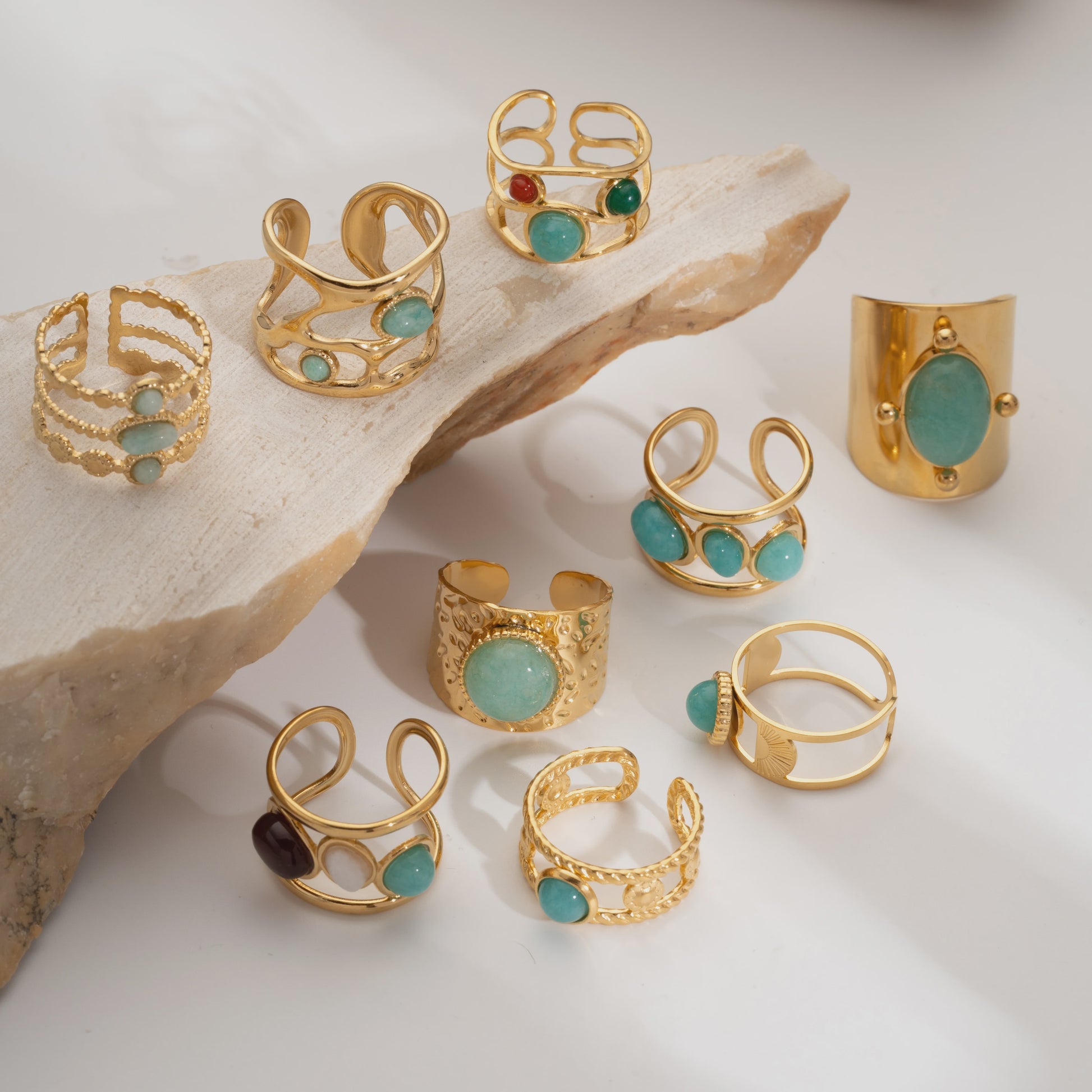 Bohemian Ringen met Natuursteen (Turquoise & Malachiet) - Goudkleurig Staal