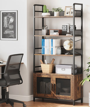 Industriële Boekenkast met Kast, 180 cm Hoog Open Boekenkast met Gaasdeuren