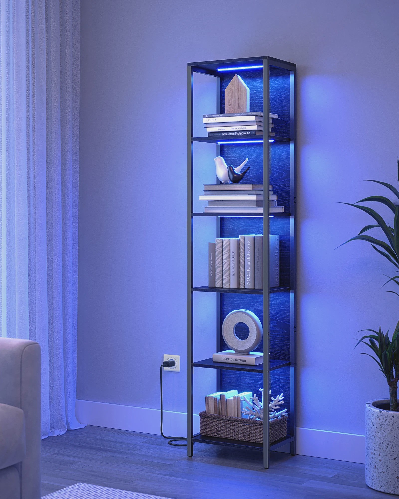 VASAGLE 6-laags Boekenkast met Verstelbare LED Verlichting en Stalen Frame - 30.3x40x178.6 cm