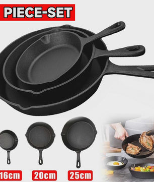 3-delige Gietijzeren Pannenset - Non-Stick Koekenpan met Giet tuit en Grill Handvat