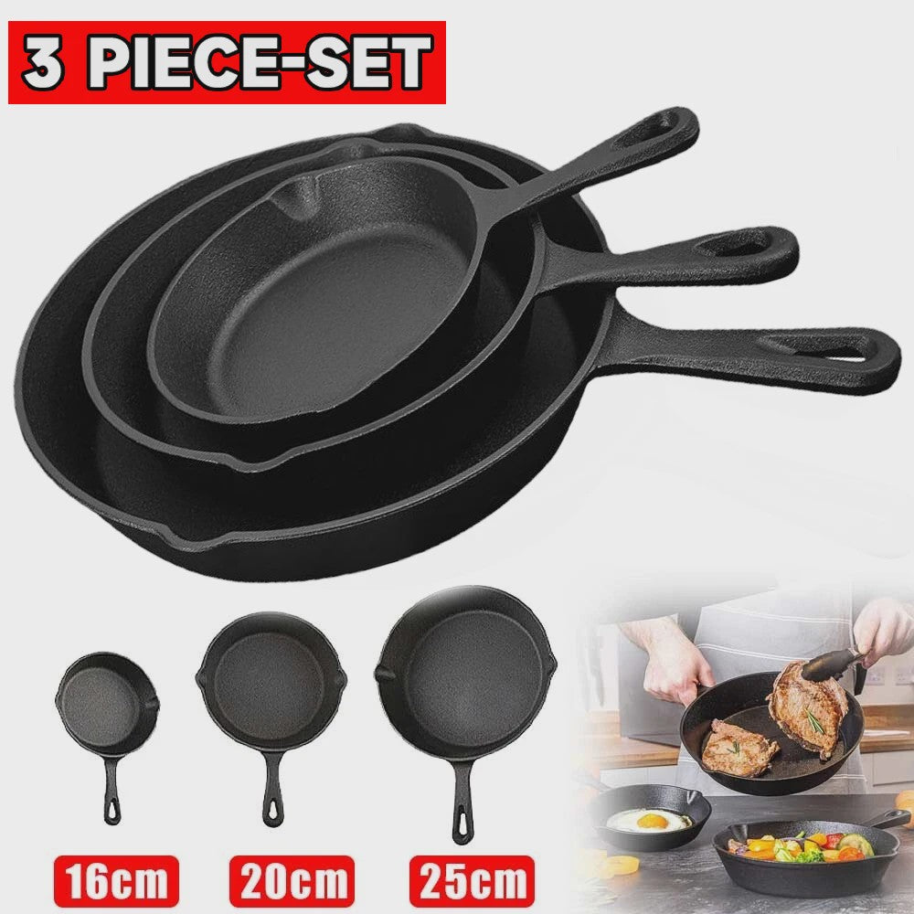 3-delige Gietijzeren Pannenset - Non-Stick Koekenpan met Giet tuit en Grill Handvat