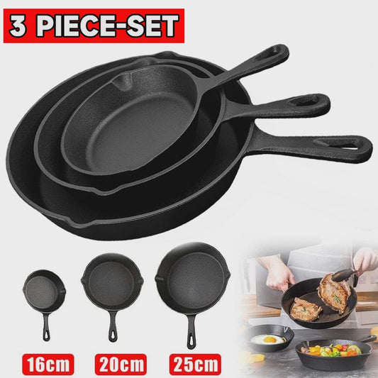 3-delige Gietijzeren Pannenset - Non-Stick Koekenpan met Giet tuit en Grill Handvat