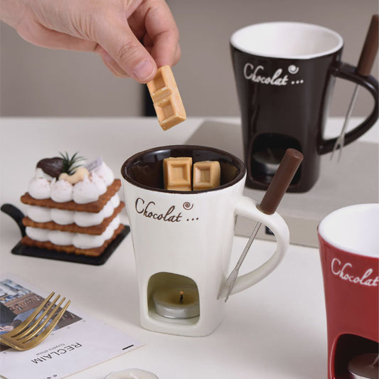 Chocolade Smeltmok met Vork - Keramische Fondue Beker voor Smelten en Warmer Houden