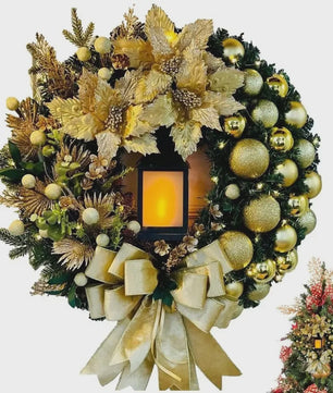30cm Kerstkrans met Lantaarn en Grote Strik - Decoratieve Deurkrans voor de Feestdagen