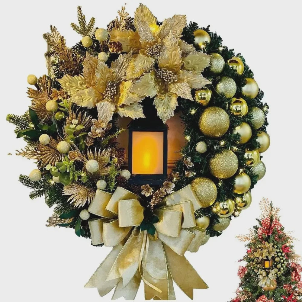 30cm Kerstkrans met Lantaarn en Grote Strik - Decoratieve Deurkrans voor de Feestdagen