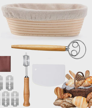 Complete Banneton Broodrijsmand Set voor Zuurdesem - Inclusief Deegklopper, Broodmes en Schraper