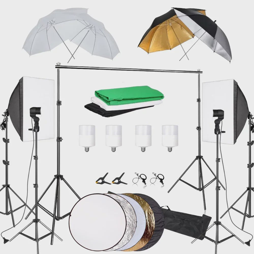 Professionele Fotostudio Verlichtingskit met Achtergronden, Softboxen, Paraplu's en Reflectoren