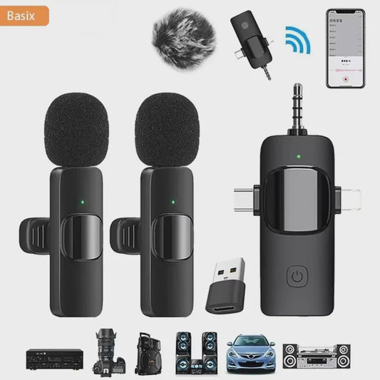 Basix 4-in-1 Draadloze Lavalier Microfoon voor iPhone & Android - Mini Microfoon met Noise Cancelling