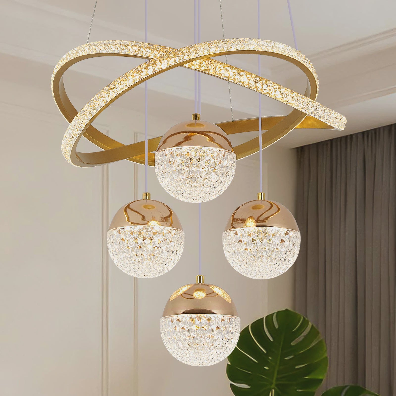 Moderne LED Plafondlamp Goud - Drie Kleuren Licht - Verstelbare Hanglamp voor Woonkamer & Eetkamer