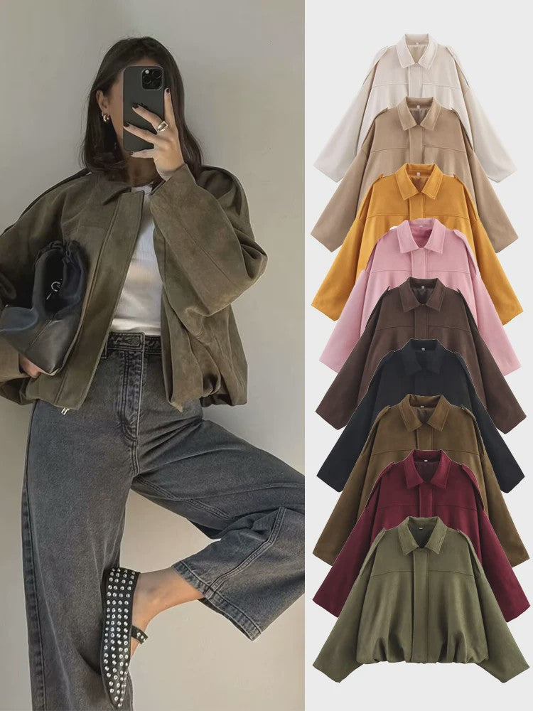 Dames Suède Bomberjack - Oversized Pasvorm, Lange Mouwen, Chic Streetwear