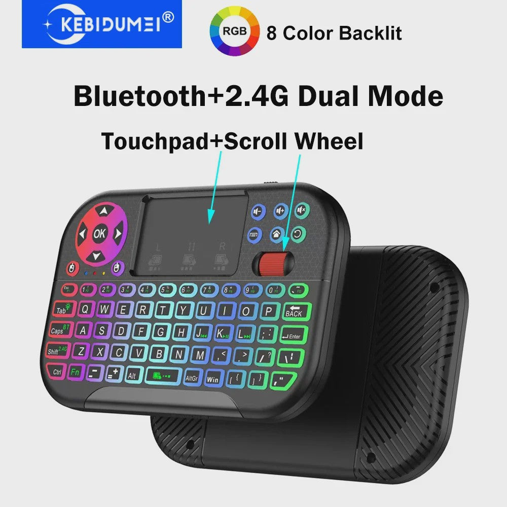 Mini Draadloos Toetsenbord met Touchpad, Scroll Wheel & 8 Kleuren Backlit - Dual Mode BT/2.4G Air Mouse Remote