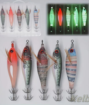 5x Visloodjes Set - Glow-in-the-Dark Kunstaas met 3D Ogen - Realistisch Garnalen, Inktvis, Octopus - Hard Bait Jig Lures met Haken