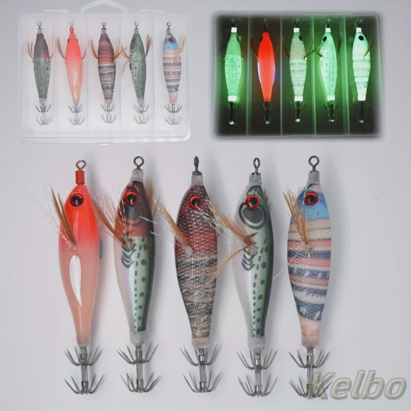 5x Visloodjes Set - Glow-in-the-Dark Kunstaas met 3D Ogen - Realistisch Garnalen, Inktvis, Octopus - Hard Bait Jig Lures met Haken