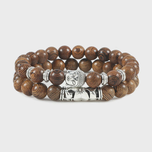 Set van 2 Houten Kralen Armbanden met Buddha & Natuursteen - Meditatie & Spirituele Sieraden