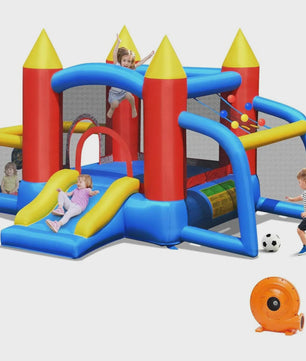 Opblaasbaar Springkasteel met Glijbaan, Voetbalgoal & Pijltjes - 450W Blower