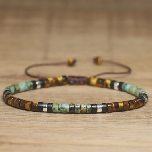 Natuurlijke Kralen Armband Dames - Tijgeroog, Onyx & Afrikaanse Turquoise - Verstelbaar
