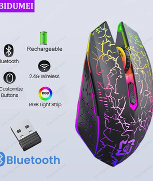 Ergonomische RGB Gaming Muis - Draadloos (2.4G & Bluetooth), Stil, 1600DPI, voor Laptop & Tablet