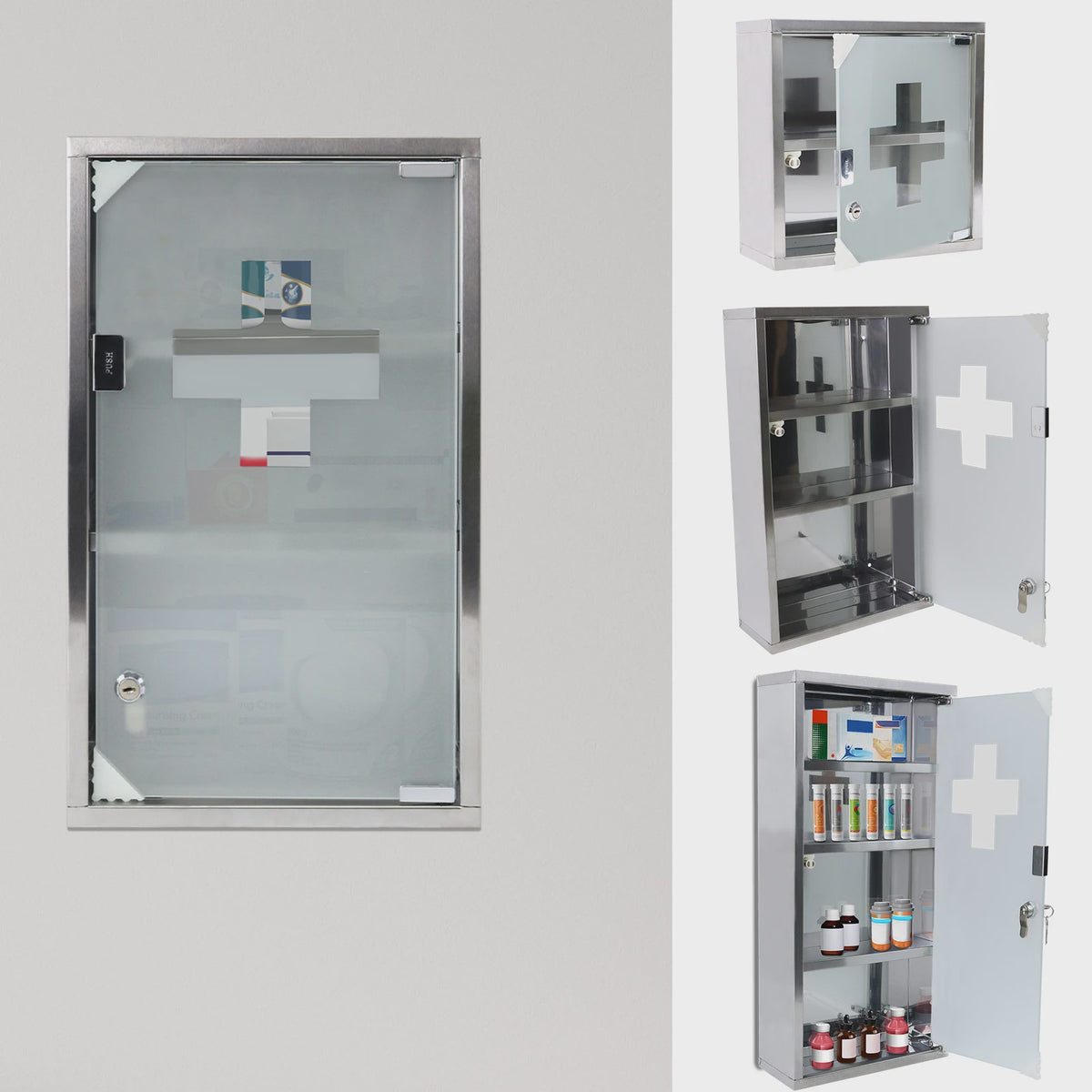 Wandmedicijnkast RVS Met Slot en Matglas Deur - Verstelbare Planken