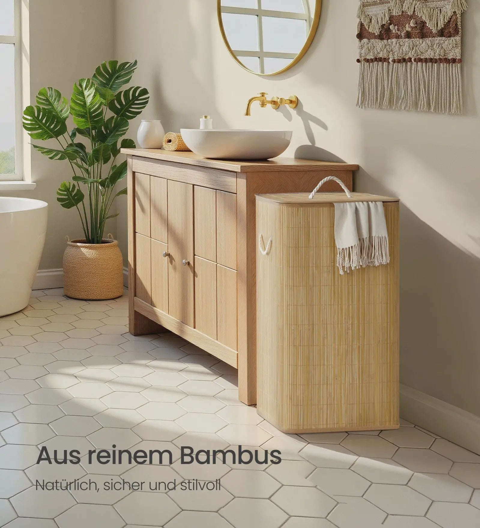 Songmics Bamboe Wasmand met Deksel - 60L, Opvouwbaar, Natuurlijk