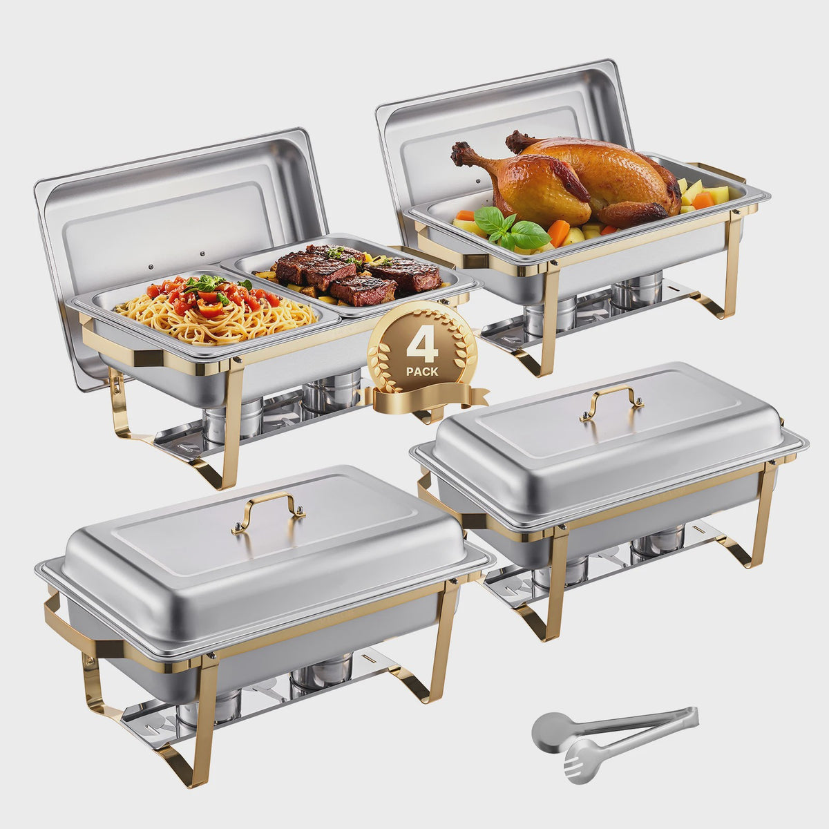 Set van 4 RVS Chafing Dishes (8 Qt) - Professionele Buffetwarmer voor Catering & Feesten