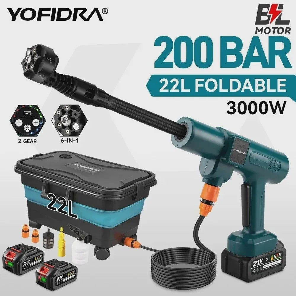 YOFIDRA 6-in-1 Hogedrukreiniger 200 Bar - Krachtige Borstelloze Waterstraal voor Auto & Tuin (Makita Accu Compatibel)