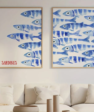 Retro Blauwe Sardine Canvas Poster - Mediterrane Stijl Wanddecoratie
