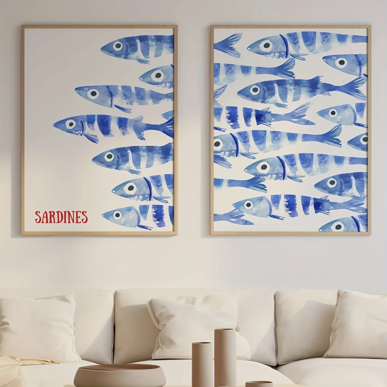 Retro Blauwe Sardine Canvas Poster - Mediterrane Stijl Wanddecoratie