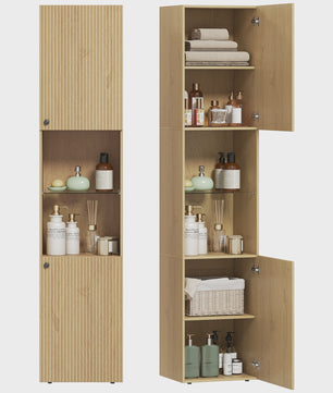 Hoge Smalle Badkamerkast met 6 Niveaus, 2 Deuren en Eikenlook - 40x31x182 cm