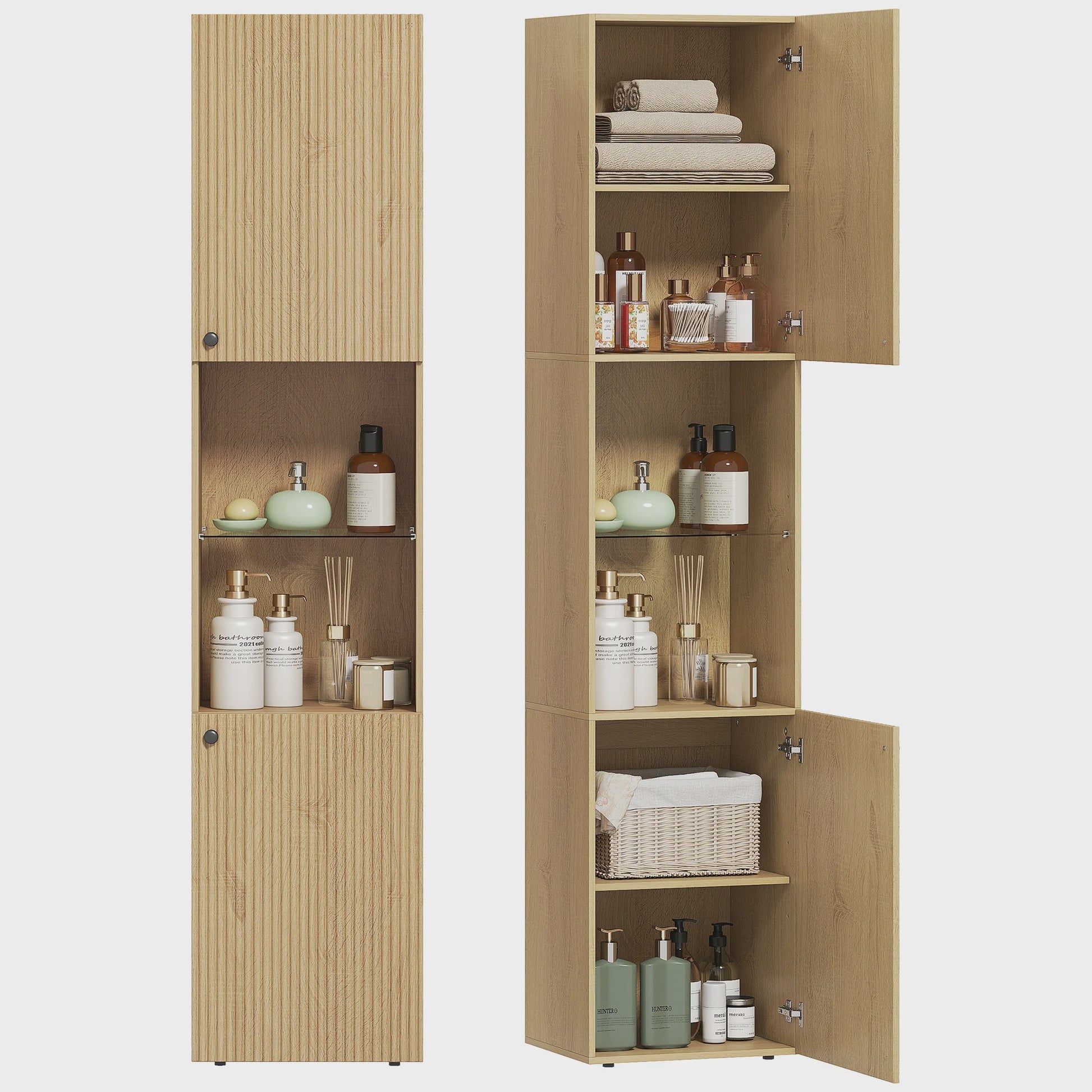 Hoge Smalle Badkamerkast met 6 Niveaus, 2 Deuren en Eikenlook - 40x31x182 cm