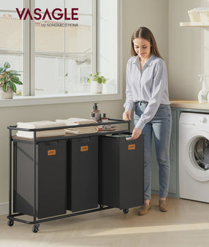 VASAGLE Wasmand met 3 Vakken en Wielen - 150L Sorteerder met Plank - Zwartbruin