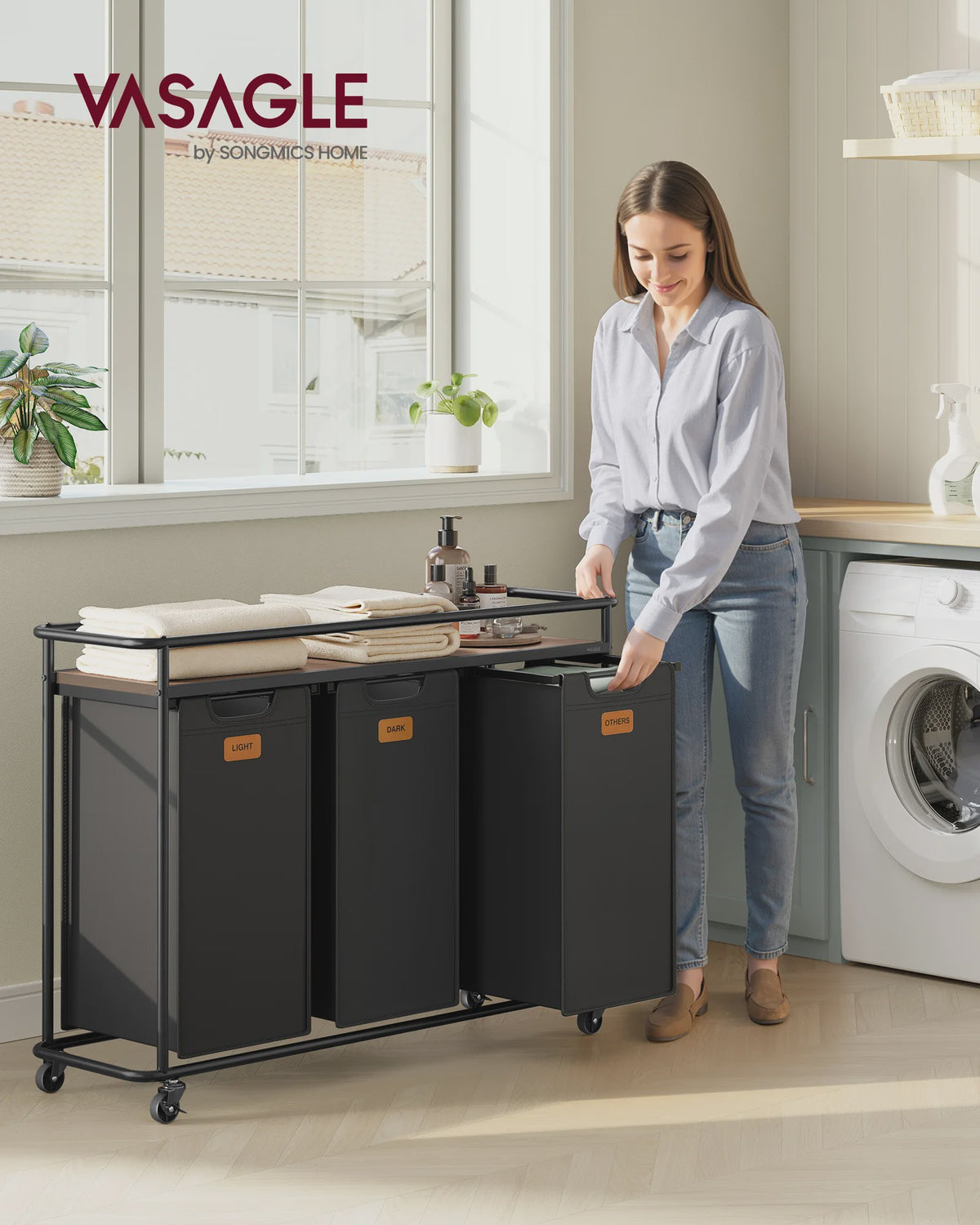 VASAGLE Wasmand met 3 Vakken en Wielen - 150L Sorteerder met Plank - Zwartbruin