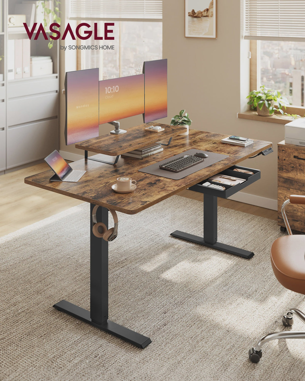VASAGLE Elektrisch In hoogte Verstelbaar Bureau met Monitorverhoger en Lade - Ergonomisch Werken
