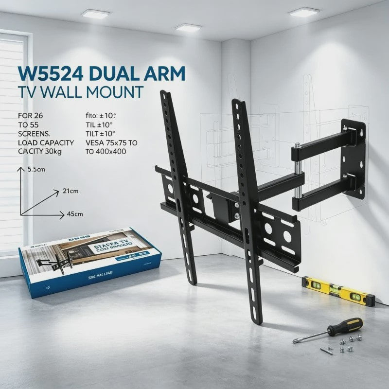 WETECH W5524 TV Muurbeugel - Dubbelarmig, Volledig Verstelbaar voor 26-55 Inch Schermen, 30kg Max, Kantelbaar