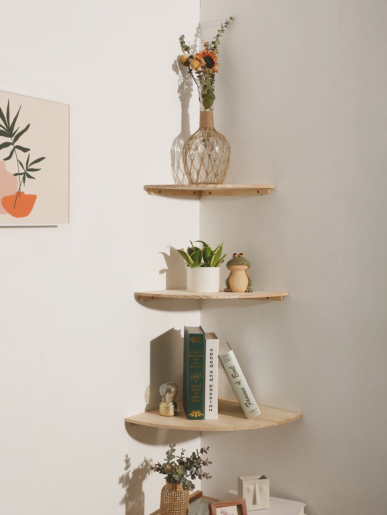 Set van 3 Houten Hoekplanken - Drijvende Wandplanken met Golvende Rand