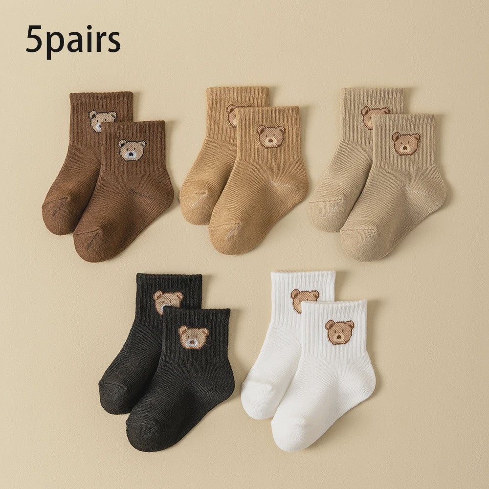 5/10 Paar Babysokjes met Schattige Beer - Zacht, Ademend & Comfortabel