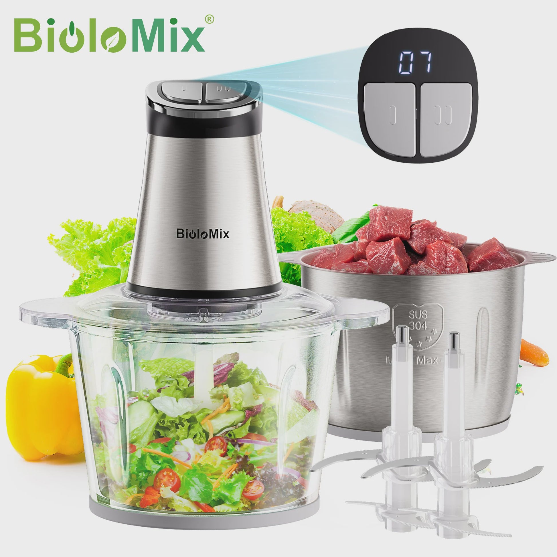 BioloMix Mini Elektrische Hakmolen - 300W, 2 kommen, 4 bladen