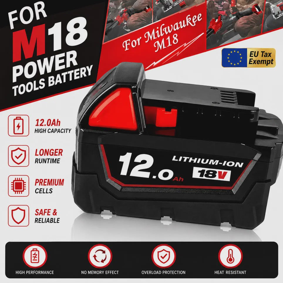 18V Lithium-Ion Accu voor Milwaukee M18 - Hoge Capaciteit 12.0Ah