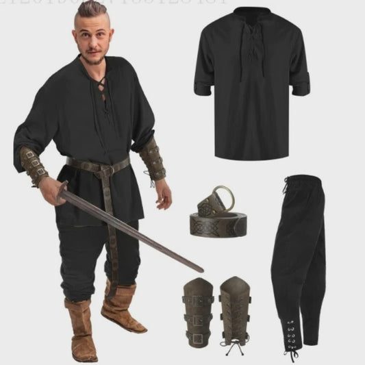 Herencostuum Middeleeuwse Piraat/Viking - Renaissance Set met Shirt, Broek, Riem & Armboeien