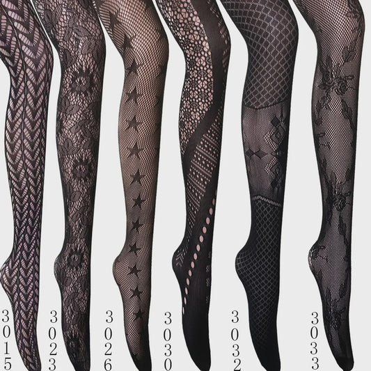 Dames Visnet Panty's met Jacquard Weefsel - Gothic Kant & Spider Net Stijl