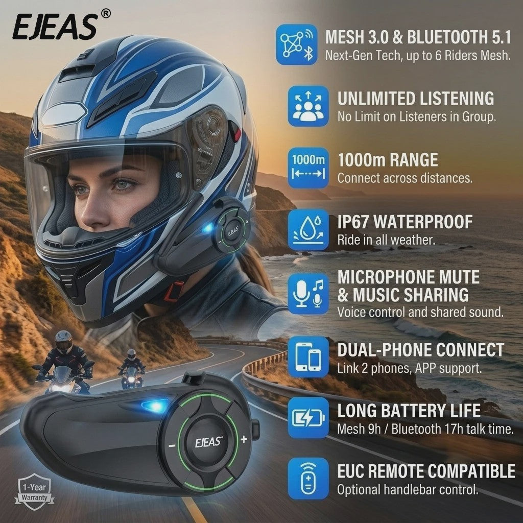 EJEAS Q8 Motorhelm Intercom Systeem - Bluetooth 5.1, IP67 Waterdicht & Draadloze Oortelefoon