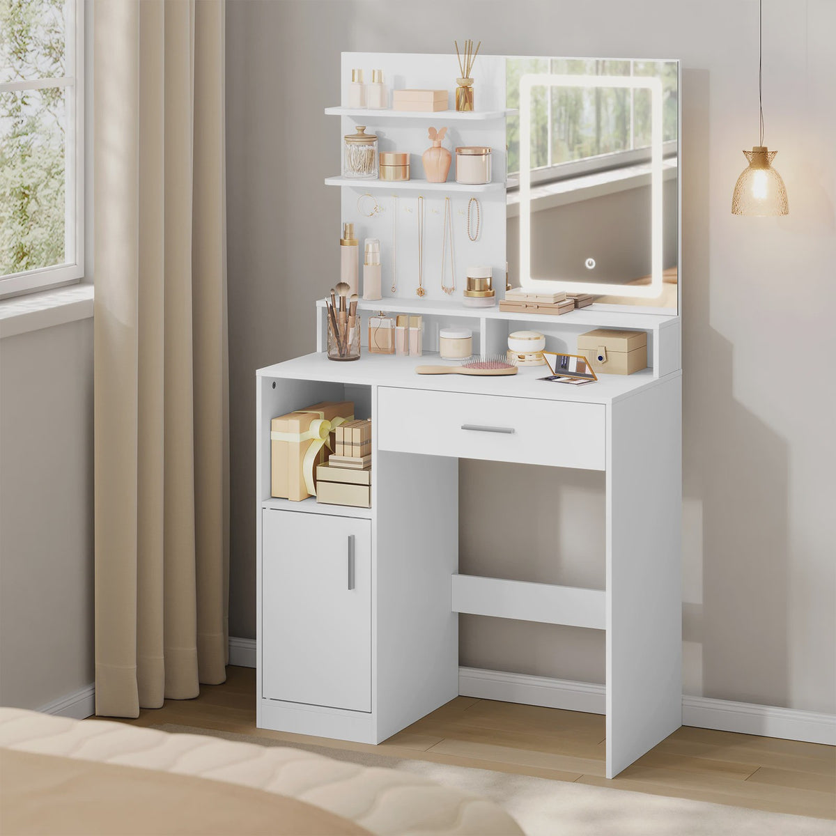 Kaptafel met Verstelbare LED Verlichting en Spiegel - Wit