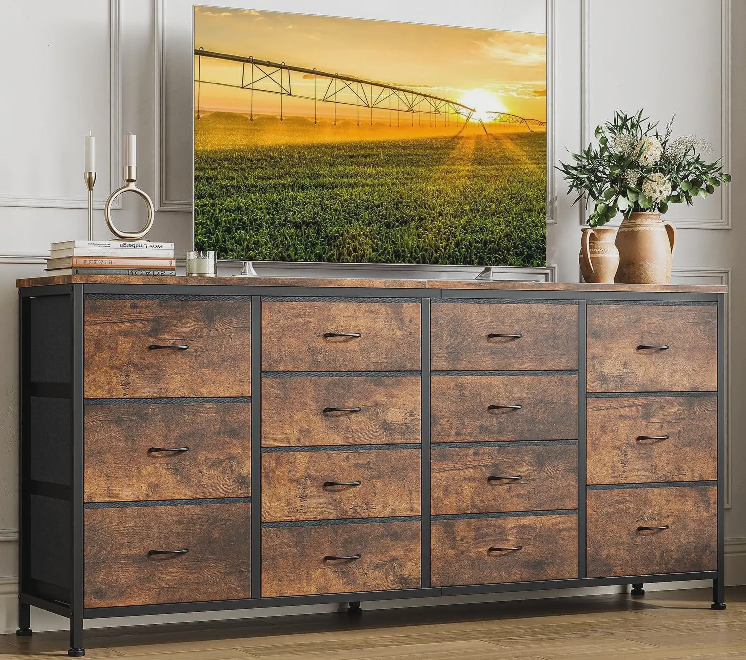 Industriële Ladekast 160cm met 14 Stoffen Lades - TV Meubel & Opbergkast